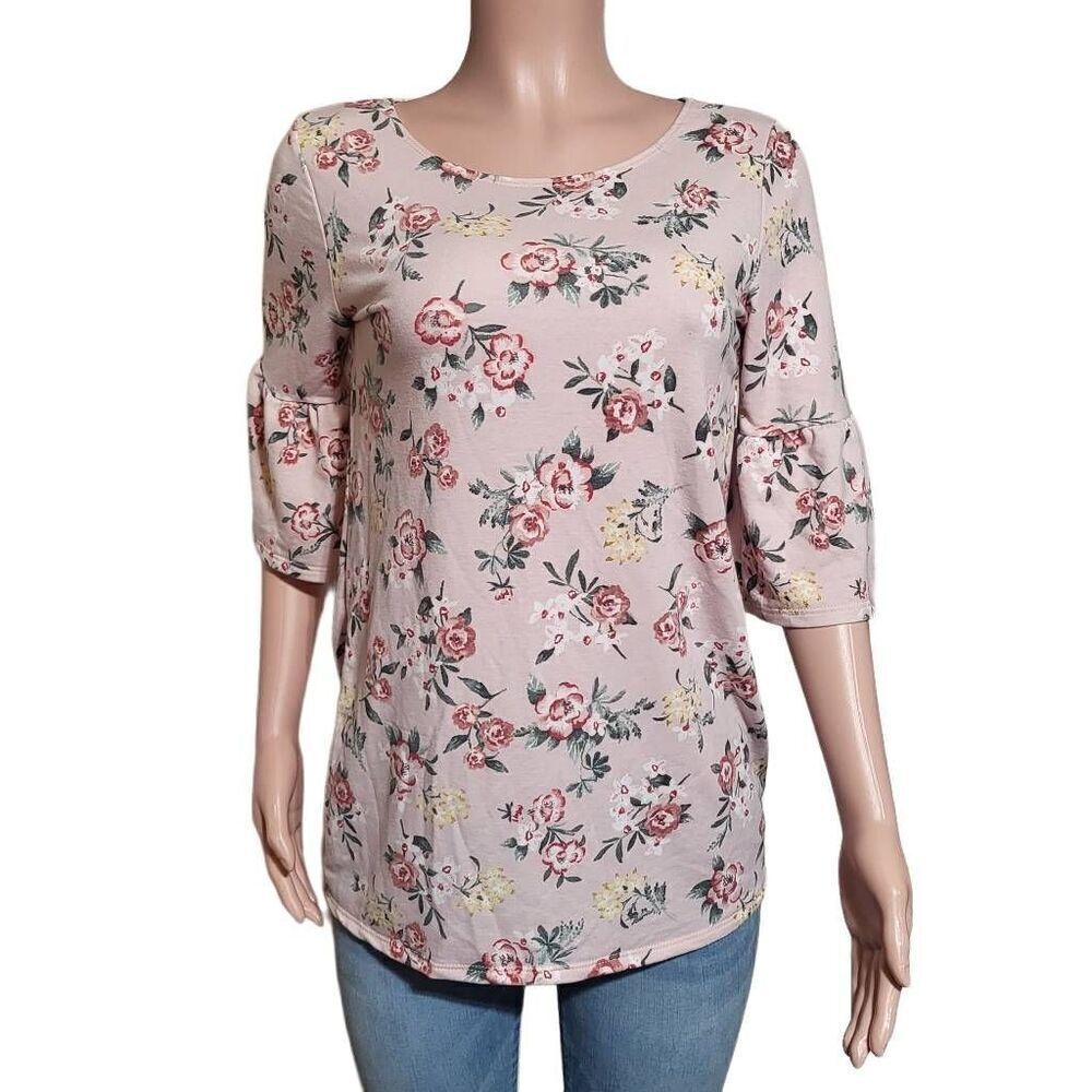 Acting pro women's crew neck pink floral bell sleeve blouse S